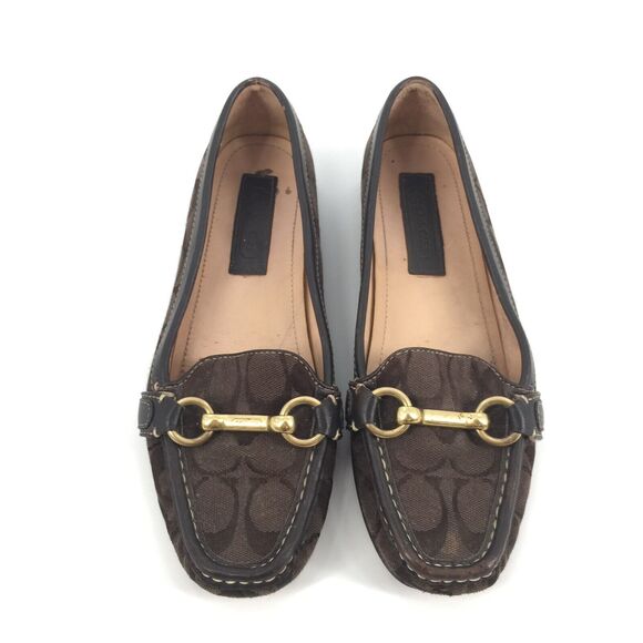 Coach Eve Horsebit Monogram Logo Driver Loafers 6.5 B Womens Brown Gold Slip On - Picture 2 of 11